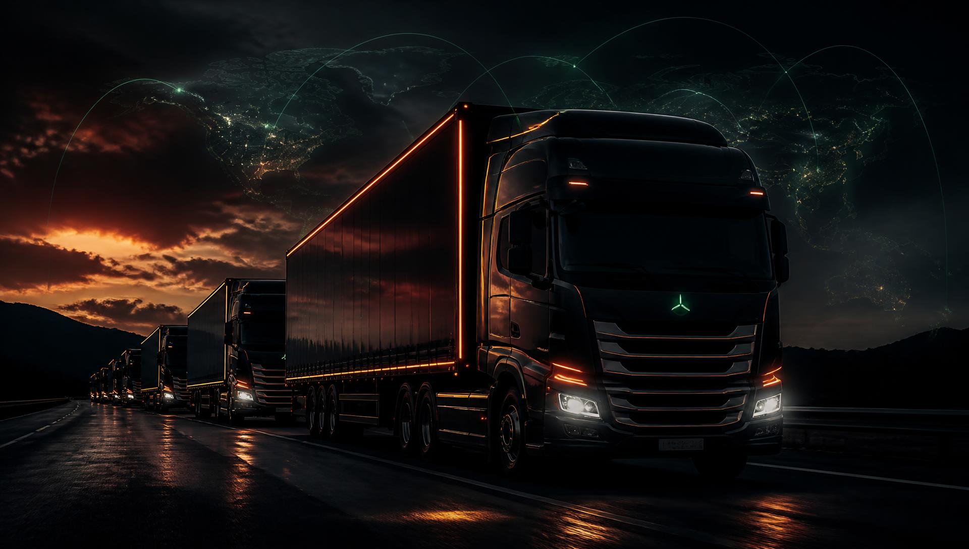 Flotte de camions GLOBAL SERVICE sur autoroute au crépuscule